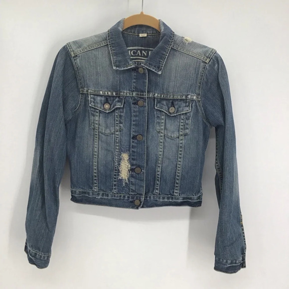 American Eagle Women’s Distressed Cropped Denim Jacket Blue Size Medium - Picture 1 of 10